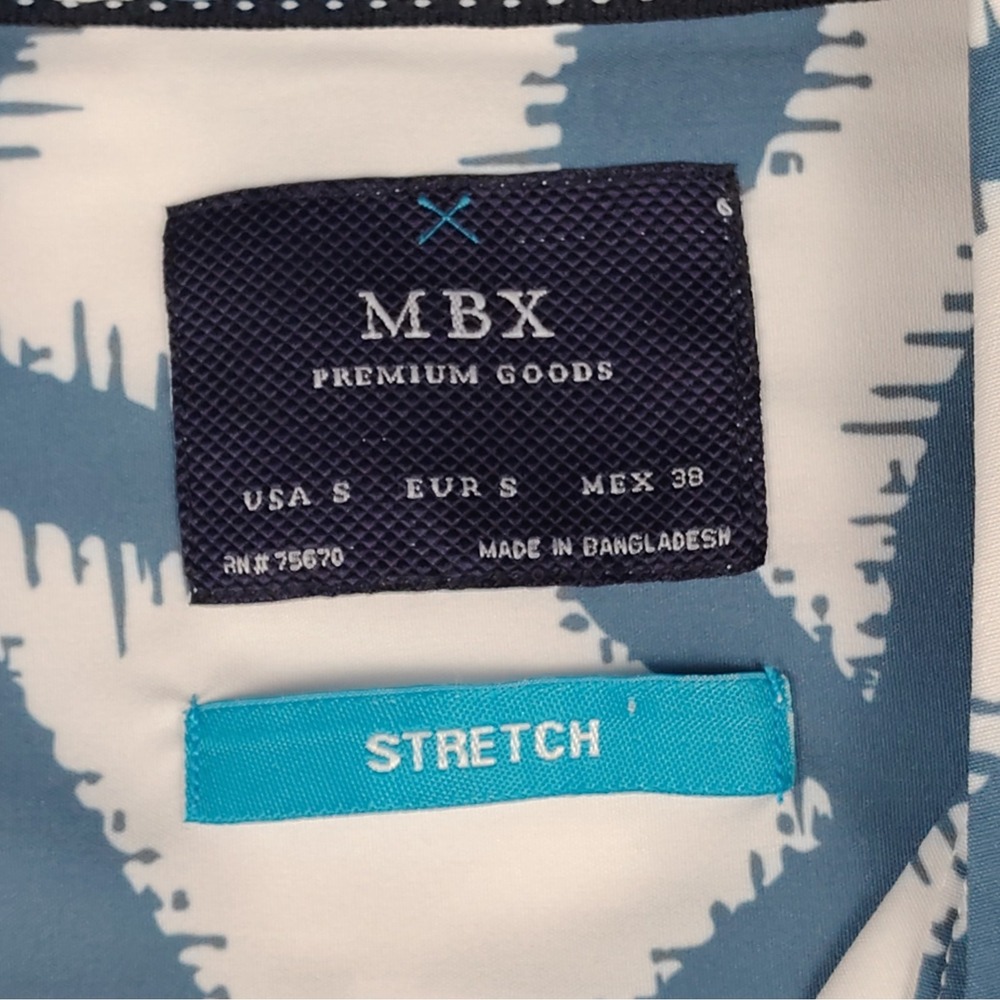 MBX Premium Goods Mens S NWT Camp Shirt Blue White Tropical Palm Leaf Stretch - Picture 2 of 15